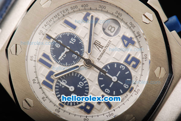 Audemars Piguet Royal Oak Offshore Run 12 Sec Swiss Valjoux 7750 Chronograph Movement Steel Case with White Dial and Blue Numeral Marker-Blue Leather Strap - Click Image to Close